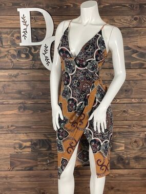 Glare | Y2K Paisley Printed Wrap Midi Dress Split Deep V-Neck High Slit Hem